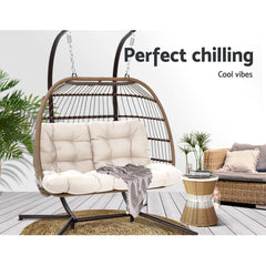 Gardeon Outdoor Furniture Hanging Swing Chair Stand Egg Hammock Rattan Wicker Latte - JUST Hammocks