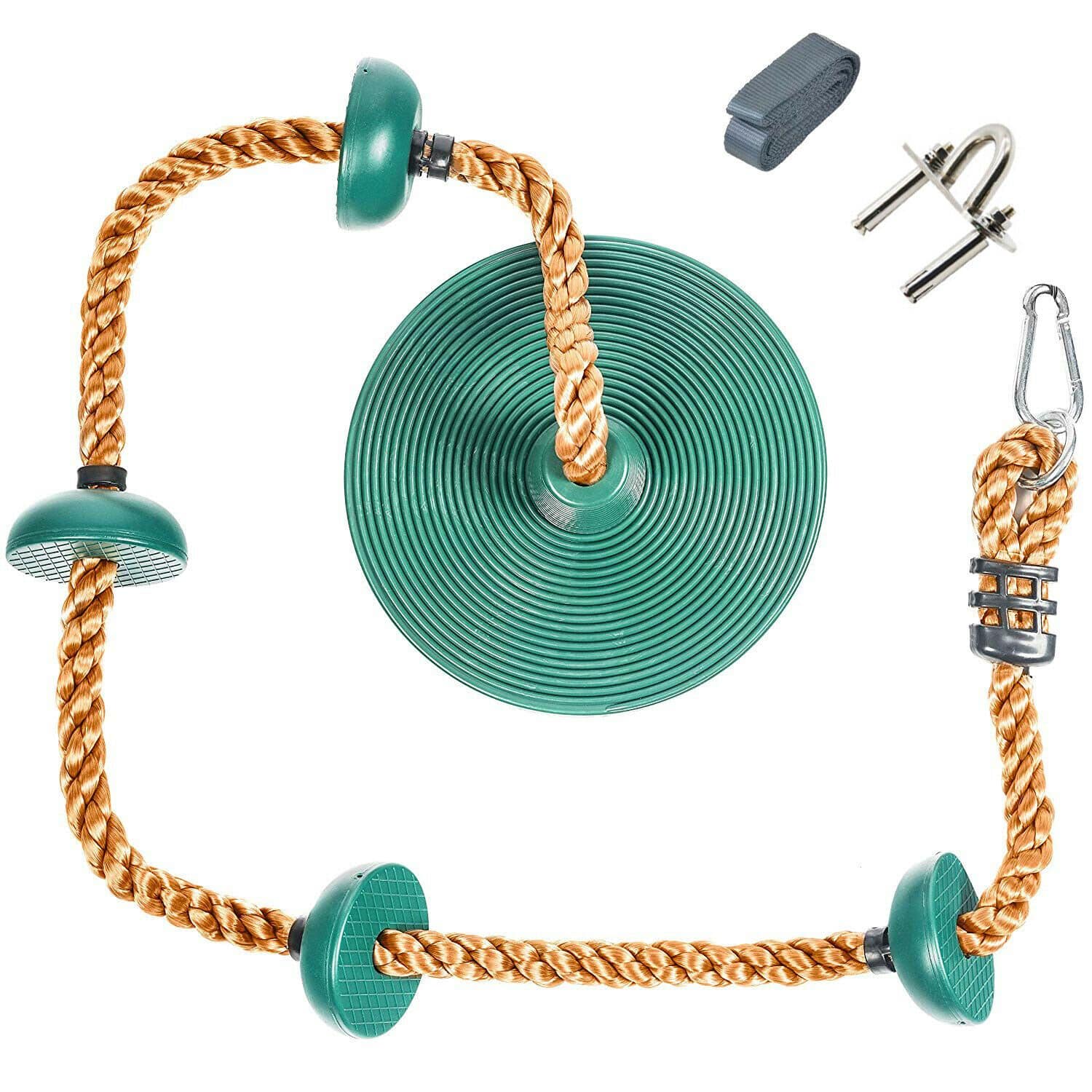 Tree Climbing Rope and Kids Outdoor Swing with Foot Hold Platforms - Green