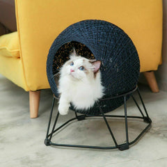 Cat Pod Bed Woven Kitten Pet Sleeping House Cave Cushion Steel Blue - JUST Hammocks