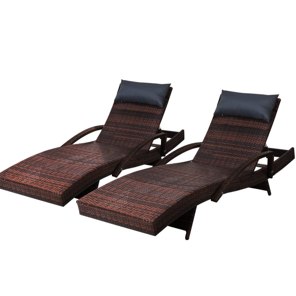Gardeon Set of 2 Sun Lounge Outdoor Furniture Wicker Lounger Rattan Day Bed Garden Patio Brown