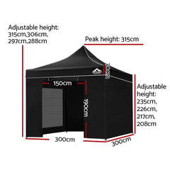 Instahut Gazebo Pop Up Marquee 3x3m Folding Wedding Tent Gazebos Shade Black