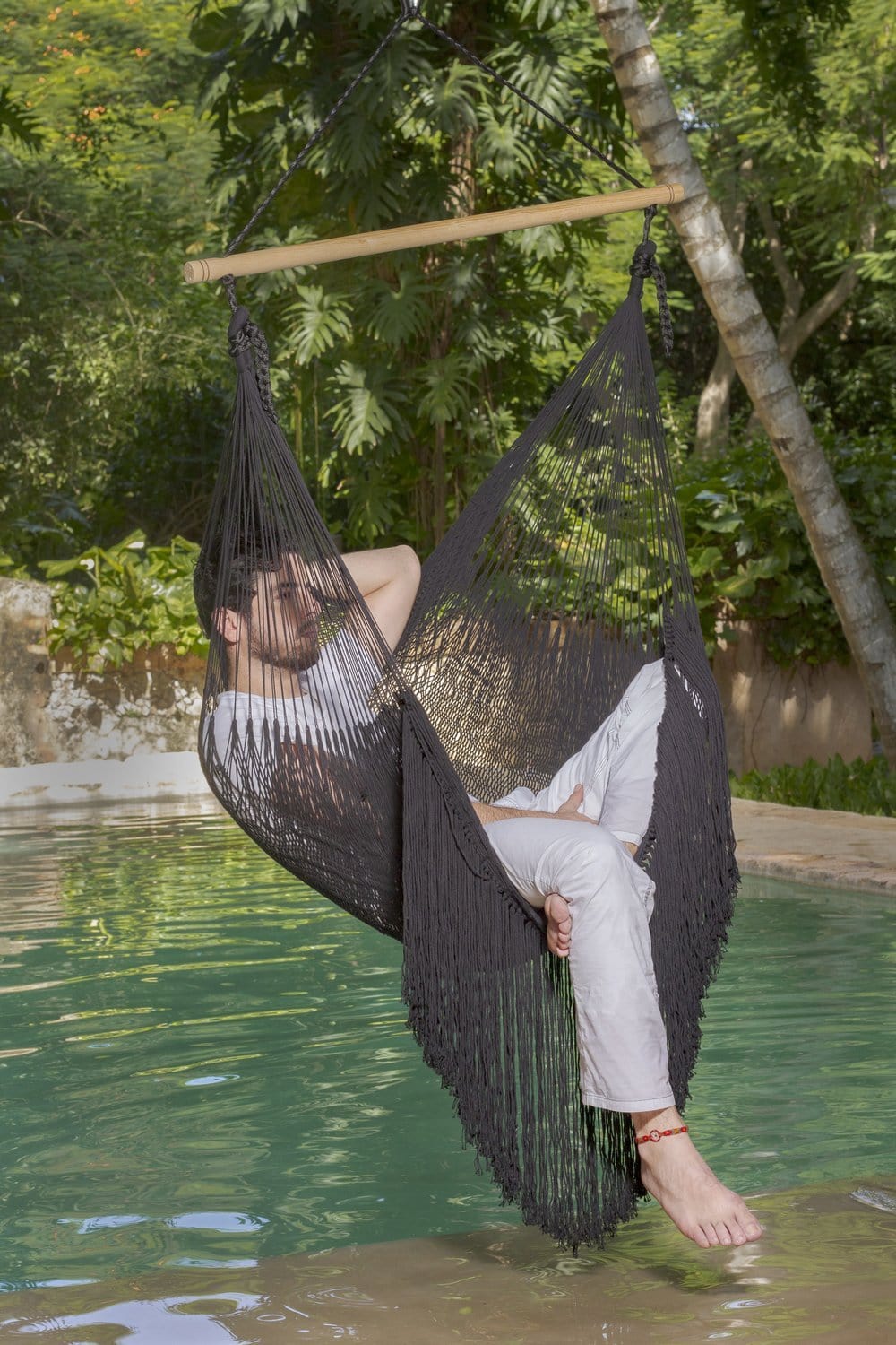 Extra Large Mexican Hammock Chair in Outdoor Cotton with Fringe Black - JUST Hammocks