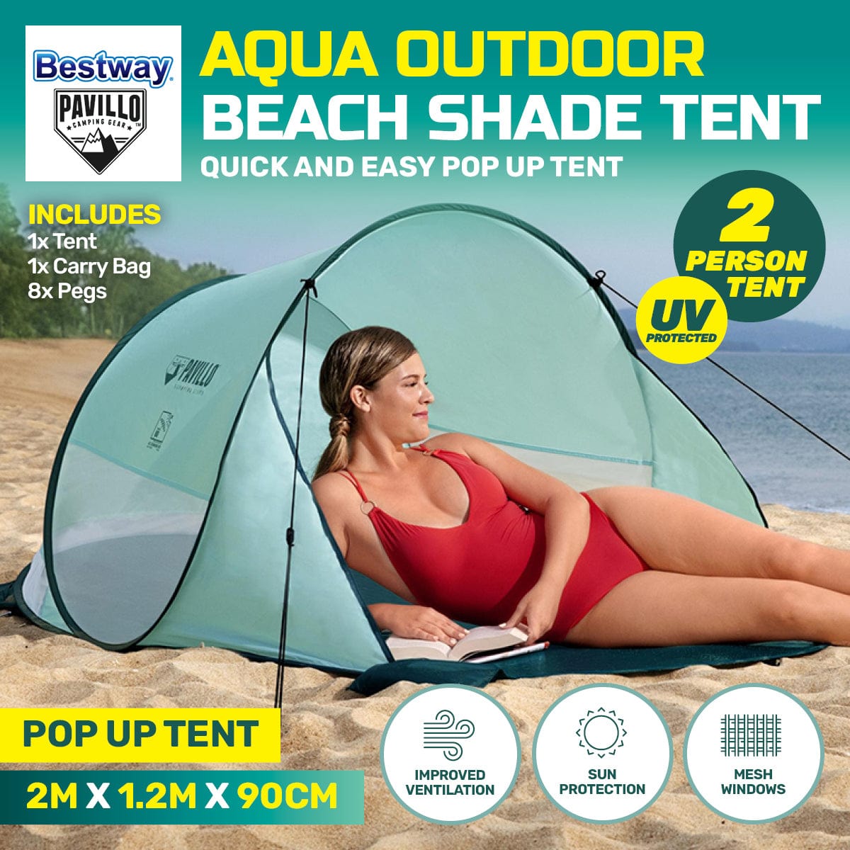 pavillo beach tent Bestway 2m x 1.2m Beach Tent 2 Person UV Protected Pegs & Carry Bag In