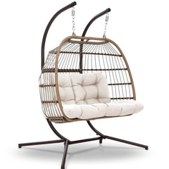 Gardeon Outdoor Furniture Hanging Swing Chair Stand Egg Hammock Rattan Wicker Latte - JUST Hammocks