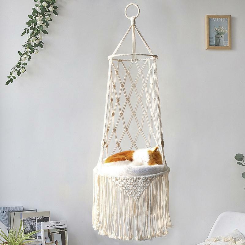 Macrame Cat Hammock Boho Woven Tassel Wall Hanging Pet Sleeping Swing Bed Basket