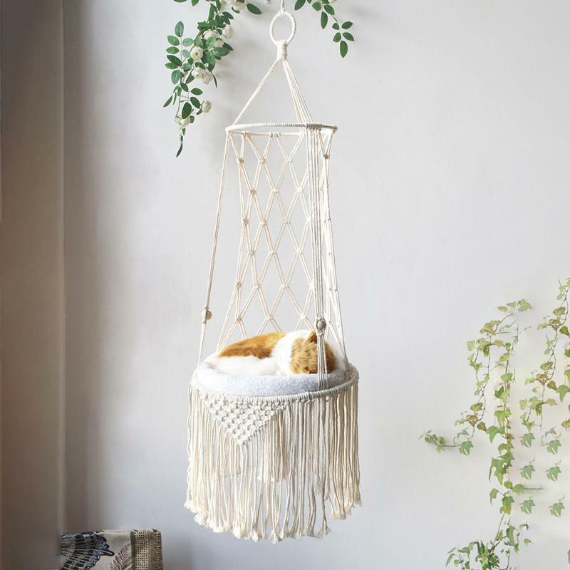 Macrame Cat Hammock Boho Woven Tassel Wall Hanging Pet Sleeping Swing Bed Basket